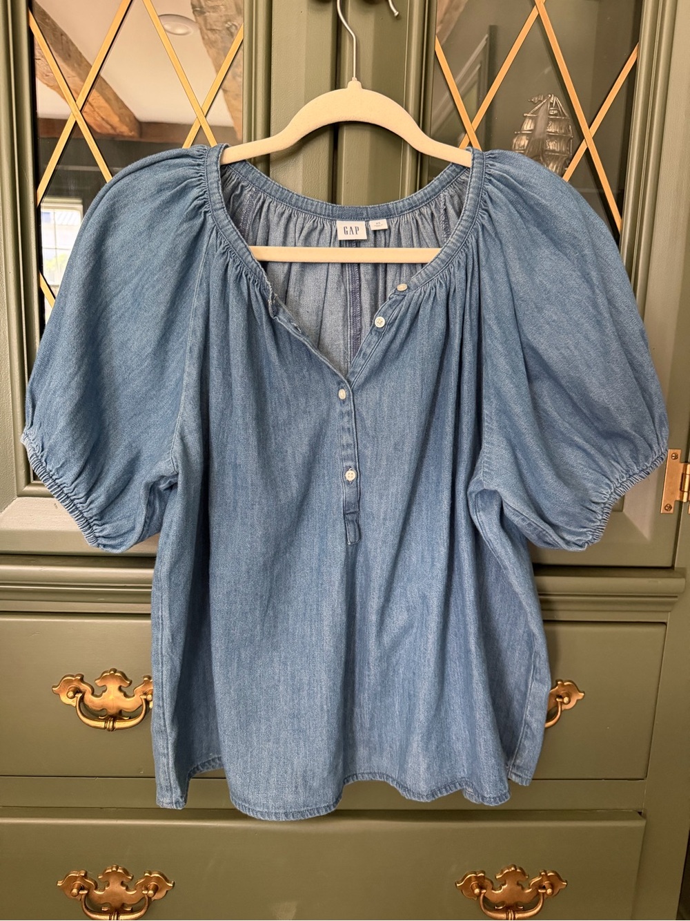 GAP Blue Denim Puff-Sleeve Peasant Top